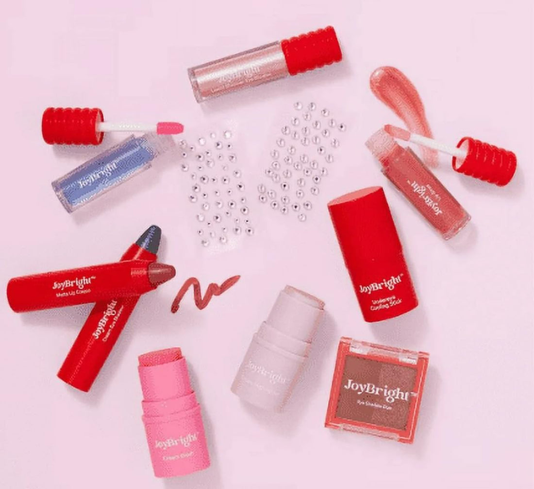 JoyBright Glam To Go Makeup Set, 10 Piece Collection with Lip Gloss, Lipstick, and Face Products