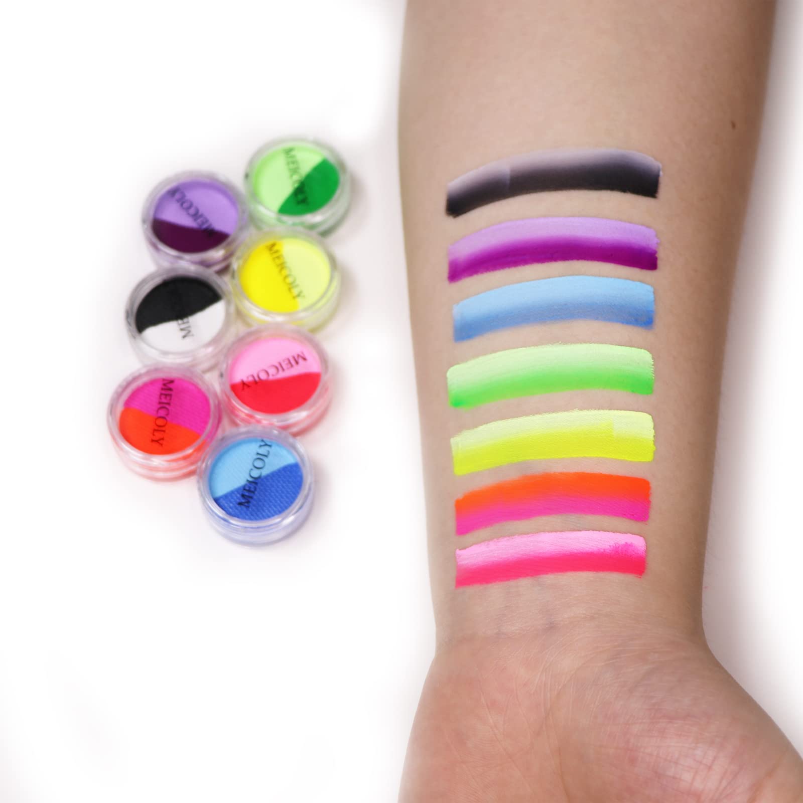 MEICOLY Water Activated Eye Liner 14 Colors,Neon UV Pride Rainbow Face Paint,7 Cakes Duo Color Water Activated Eyeliner,Halloween Hydra Liner,Matte Graphic Eyeliner,Glow Blacklight Body Paint