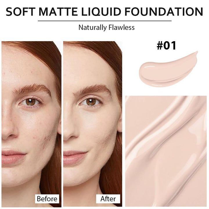 2 Pack Liquid Foundation Cream with Foundation Brush for Face Makeup,Durable Full Coverage Matte Concealer Make Up,Oil Control & Waterproof Base Primer -1 Fl.Oz (#01)