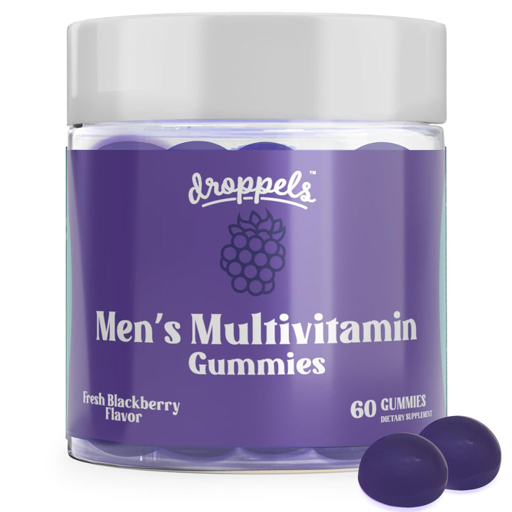 Droppels Men's Multivitamin Gummies with Folic Acid, Vitamins A, D, C, E, K, B6, B12, Biotin & More | Vegan, Non-GMO & Pectin-Based | Fresh BlackBerry Flavor, 60 Count