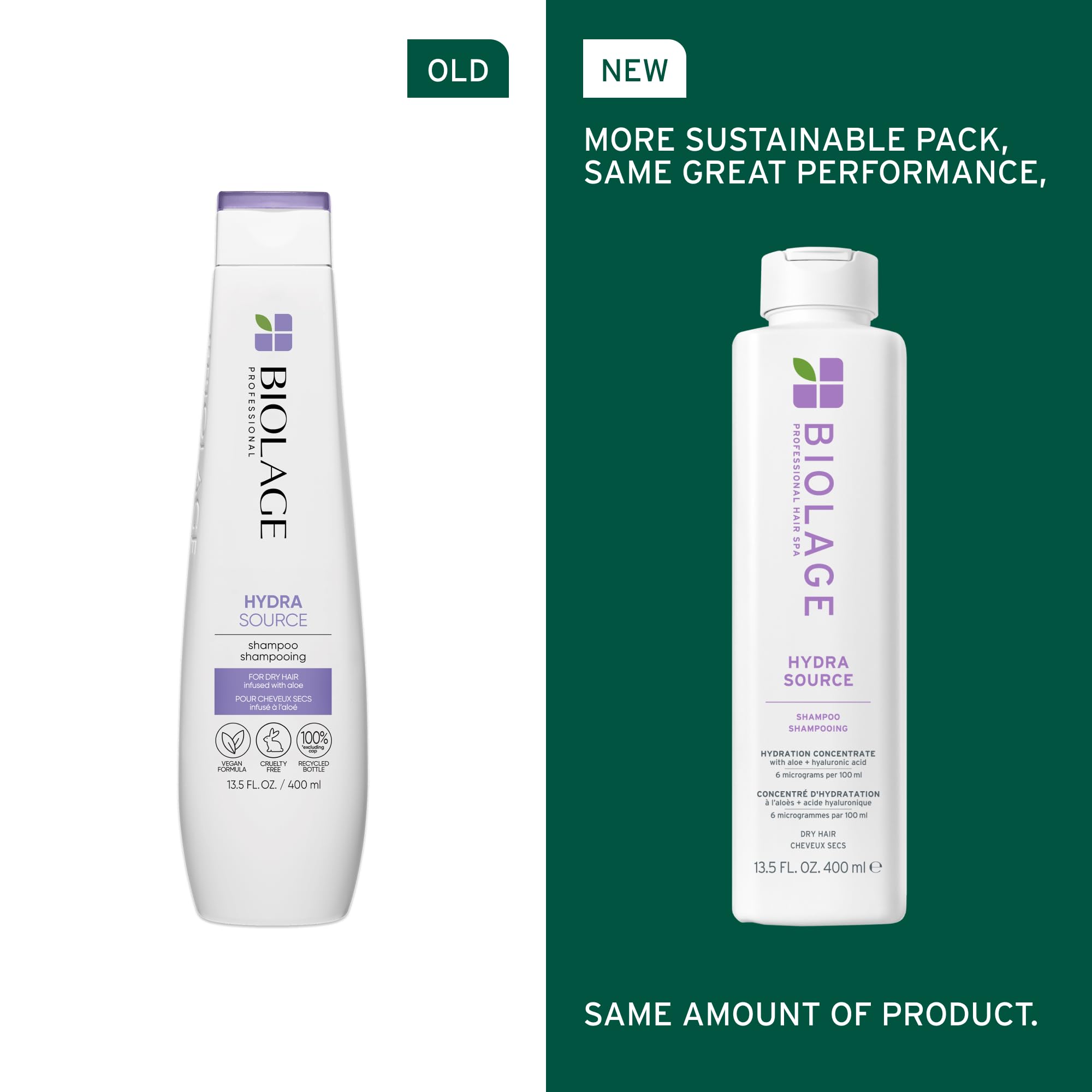 Biolage Hydra Source Shampoo - Softens & Adds Shine, For Dry Hair, Infused with Micro-Filtered Aloe Vera & Fermented Hyaluronic Acid, Vegan & Paraben-Free, 13.5 Fl Oz, Packaging May Vary