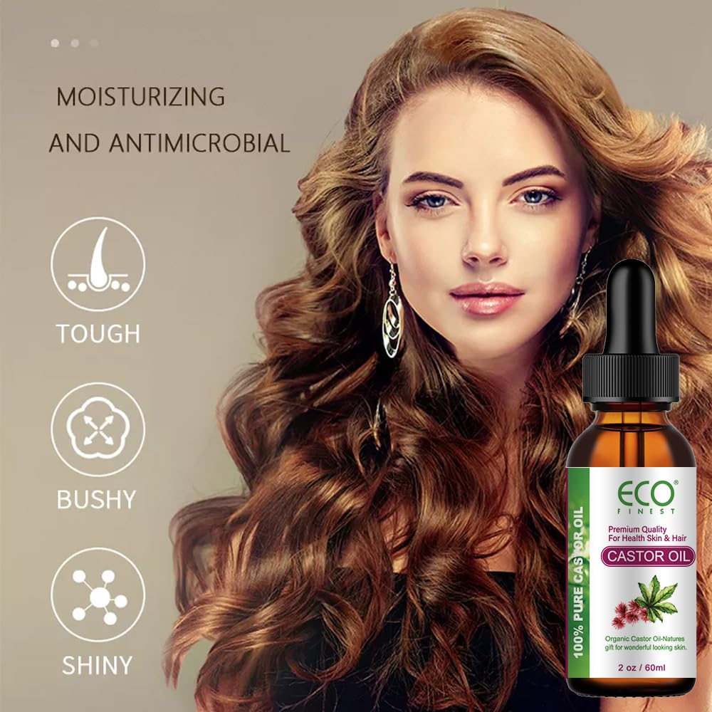 ECO Pure Natural Cold Pressed Organic Castor Oil, Suitable for Eyelashes, Eyebrows, Hair, Skin, and Nails, Nourishing and Moisturizing -20oz/60ml