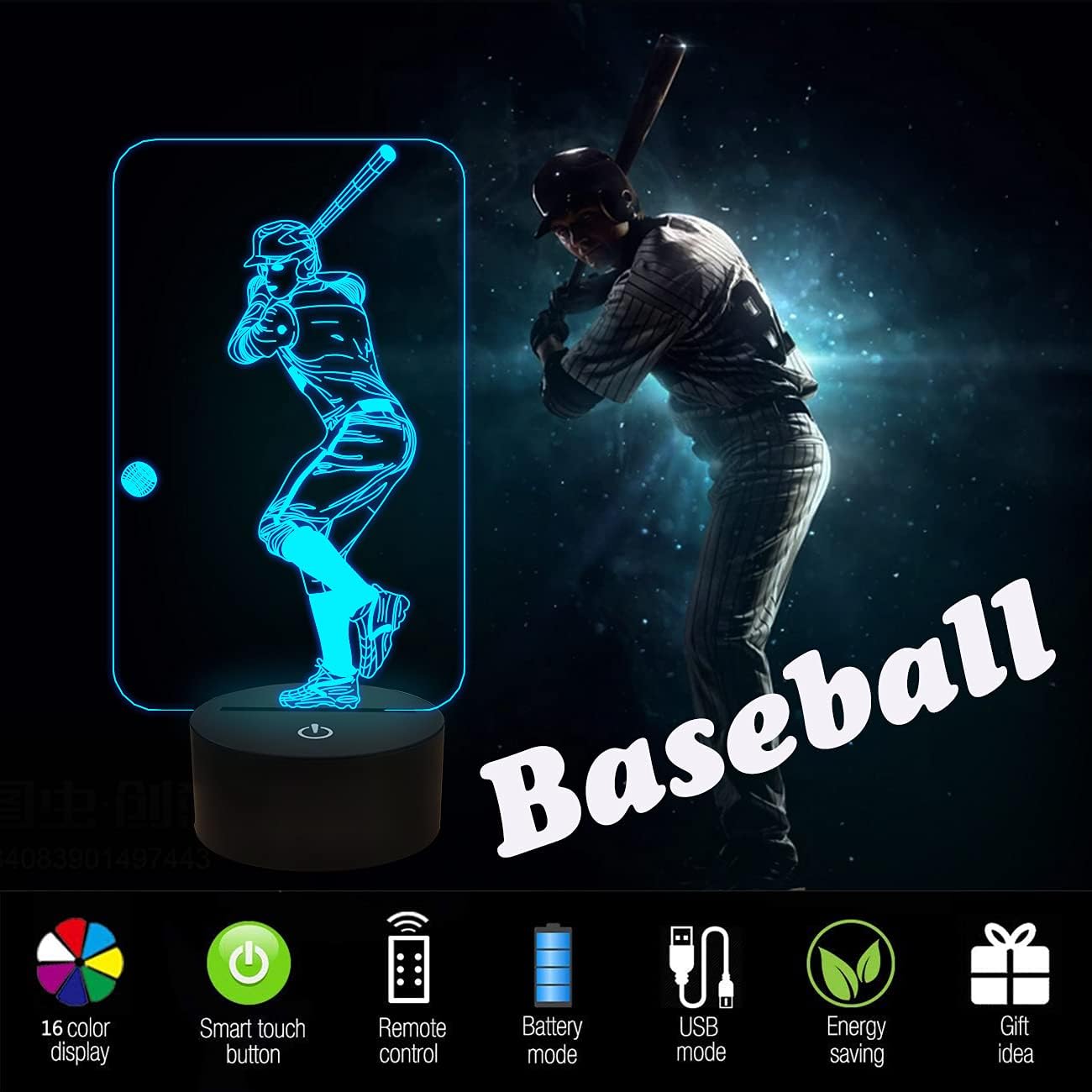 FULLOSUN Baseball 3D Night Light, Sport Gifts Bedside Lamp for Xmas Holiday Birthday Gifts for Kids Baseball Fan with Remote Control 16 Colors Changing + 4 Changing Mode + Dim Function