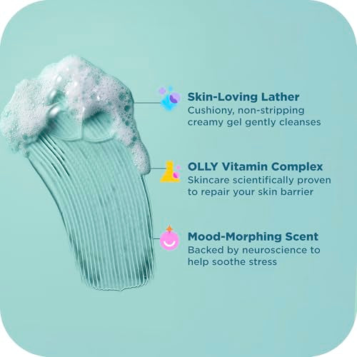 OLLY Calm Body Wash with Hyaluronic Acid, Adaptogens & Vitamin B3– Nourishing Cleanser for Skin Barrier Repair, Deep Hydration, Eucalyptus Amber Scent, 17oz