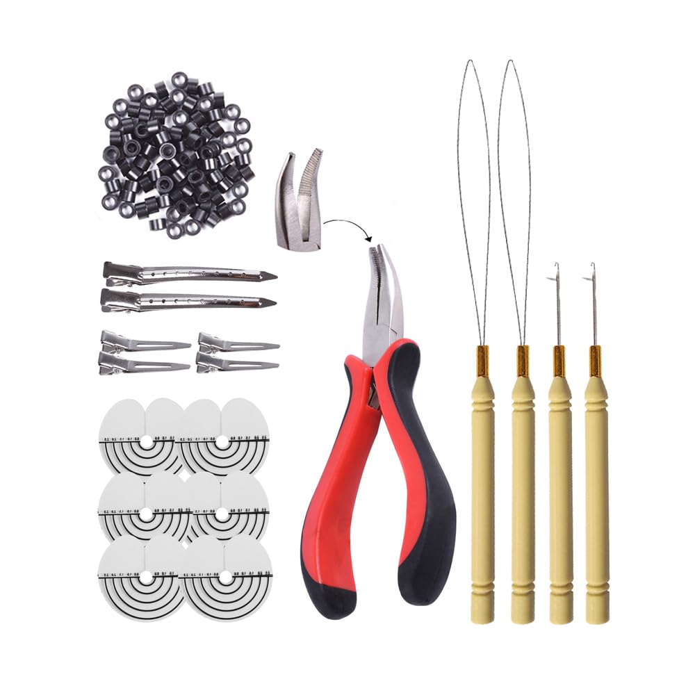 200pcs Micro Silicone Rings Hair Extensions Kit 1pc I-tip Hair Extension Pliers Micro Pulling Hook Needle Loop Threader and Micro Silicone Links (Black)