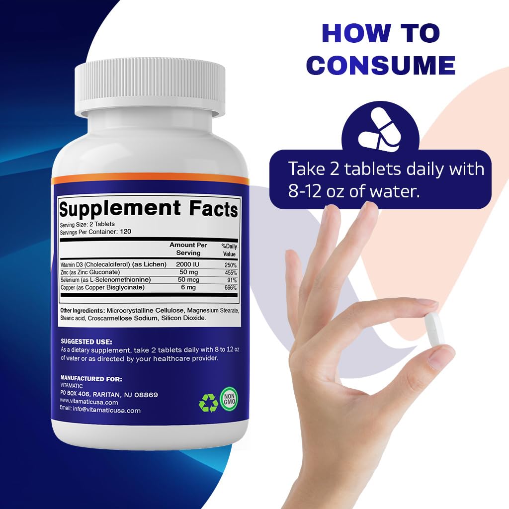Vitamatic Copper Bisglycinate 6 mg Made with Vitamin D3 2000 IU, Zinc 50mg, Selenium 50mcg - 240 Tablets - Non-GMO & Gluten Free