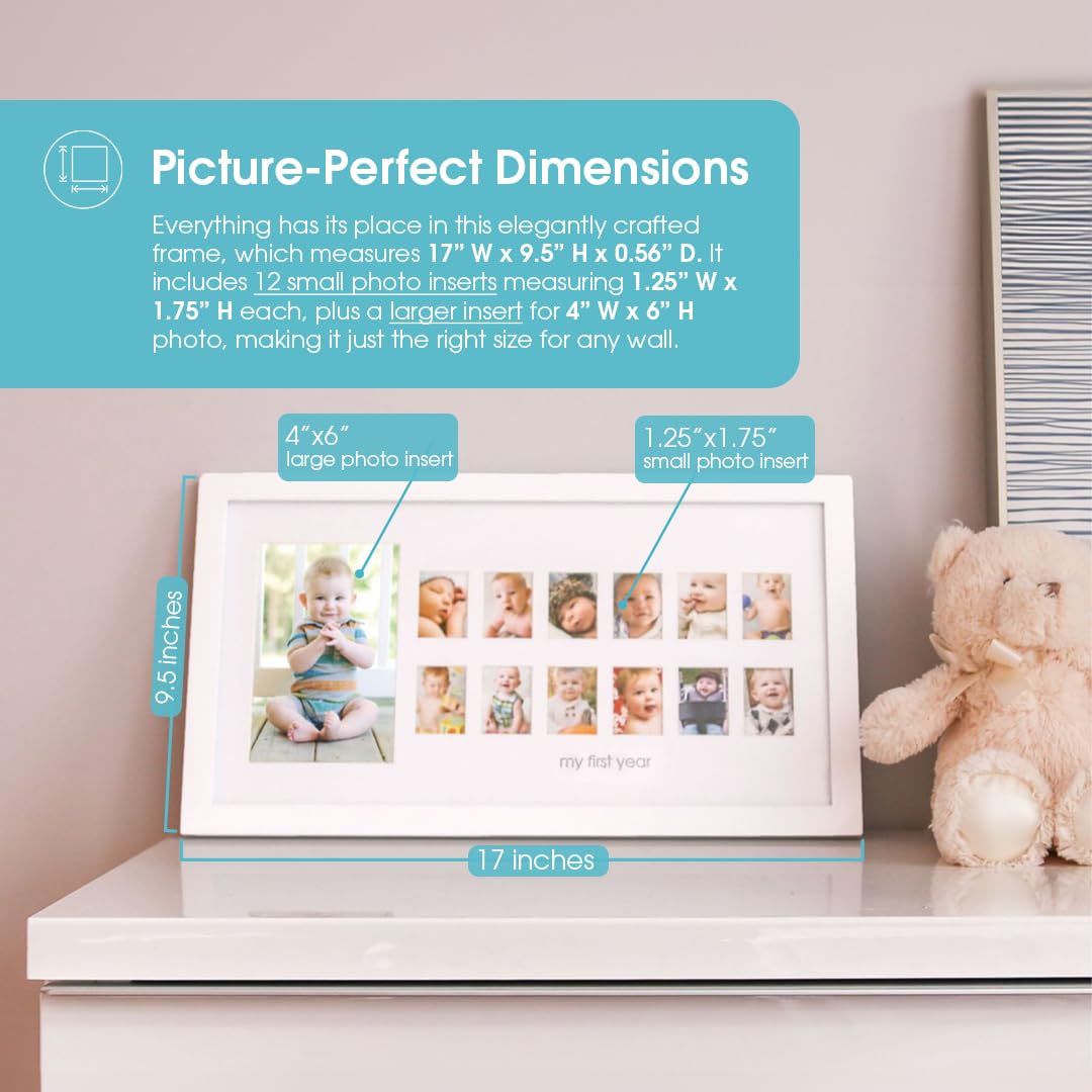Pearhead My First Year Photo Moments, Baby's First Twelve Months Photo Collage and Gender Neutral Keepsake, Ideal for Baby Shower, New Mom Gift and Nursery Decor, 13 Photo Inserts, White