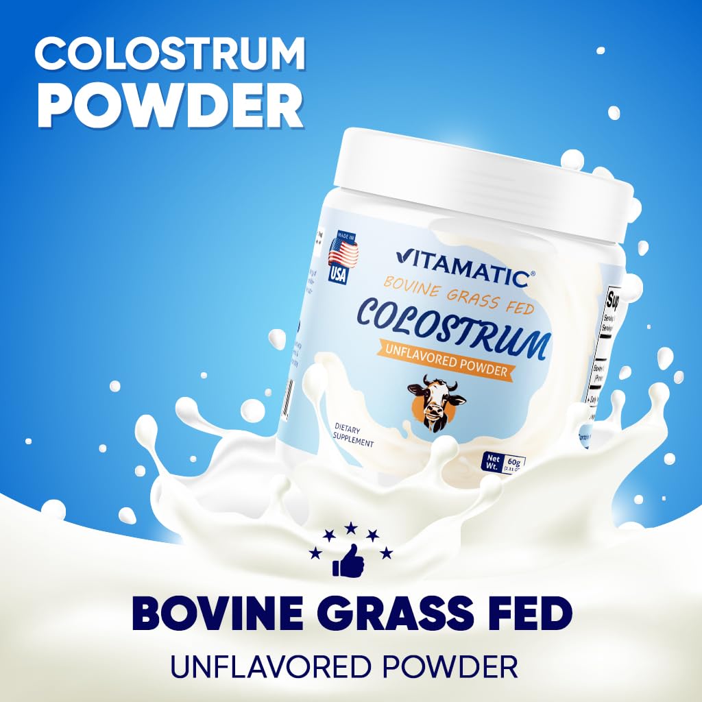 Vitamatic Bovine Colostrum Powder - Supplement for Gut Health, Hair Growth, Beauty, Muscle Recovery, & Immune Support - Easy to Mix - 30 Servings (Unflavored) (30 Servings, Unflavored)