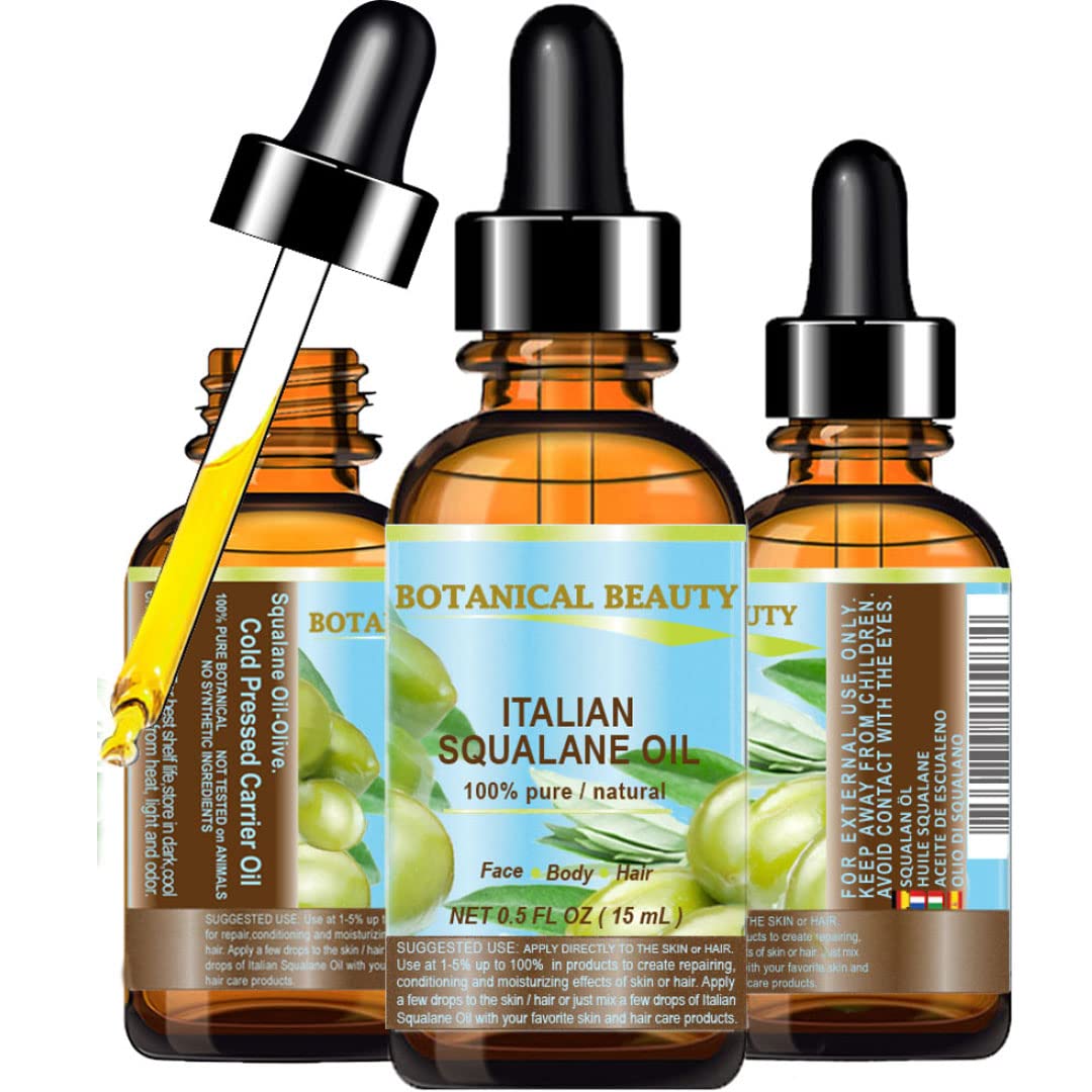 Botanical Beauty SQUALANE Italian Olive 100% Pure Natural Undiluted Oil. 0.5 fl.oz- 15 ml. 100% Ultra-Pure Moisturizer for Face, Skin, Body, Hair. Reliable 24/7 Skincare Protection