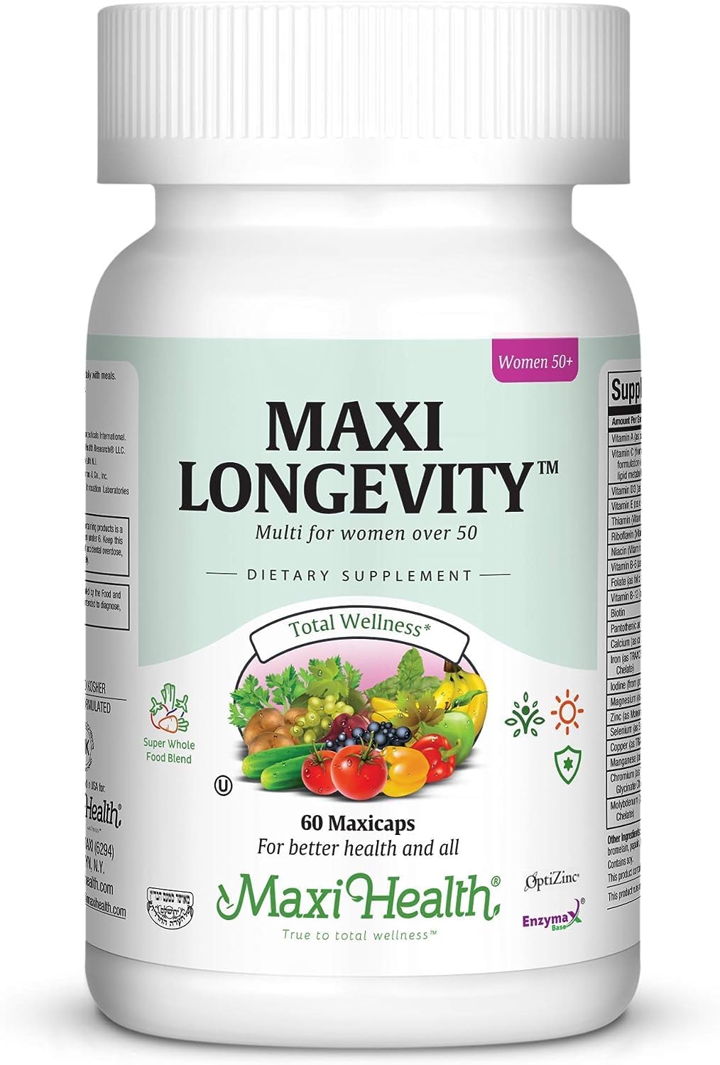Maxi Health Longevity - Multivitamins & Minerals Supplement for Women Over 50-60 Capsules - Kosher