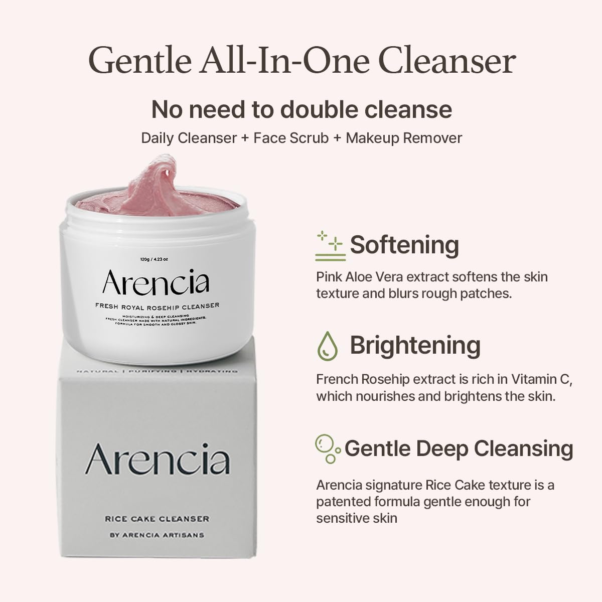 Arencia Rosehip Brightening Rice Mochi Face Cleanser & Daily Scrub - Moisturizing, Exfoliating & Deep-Cleansing - All Skin Types with Rice Powder & Rice Water (1.76oz)