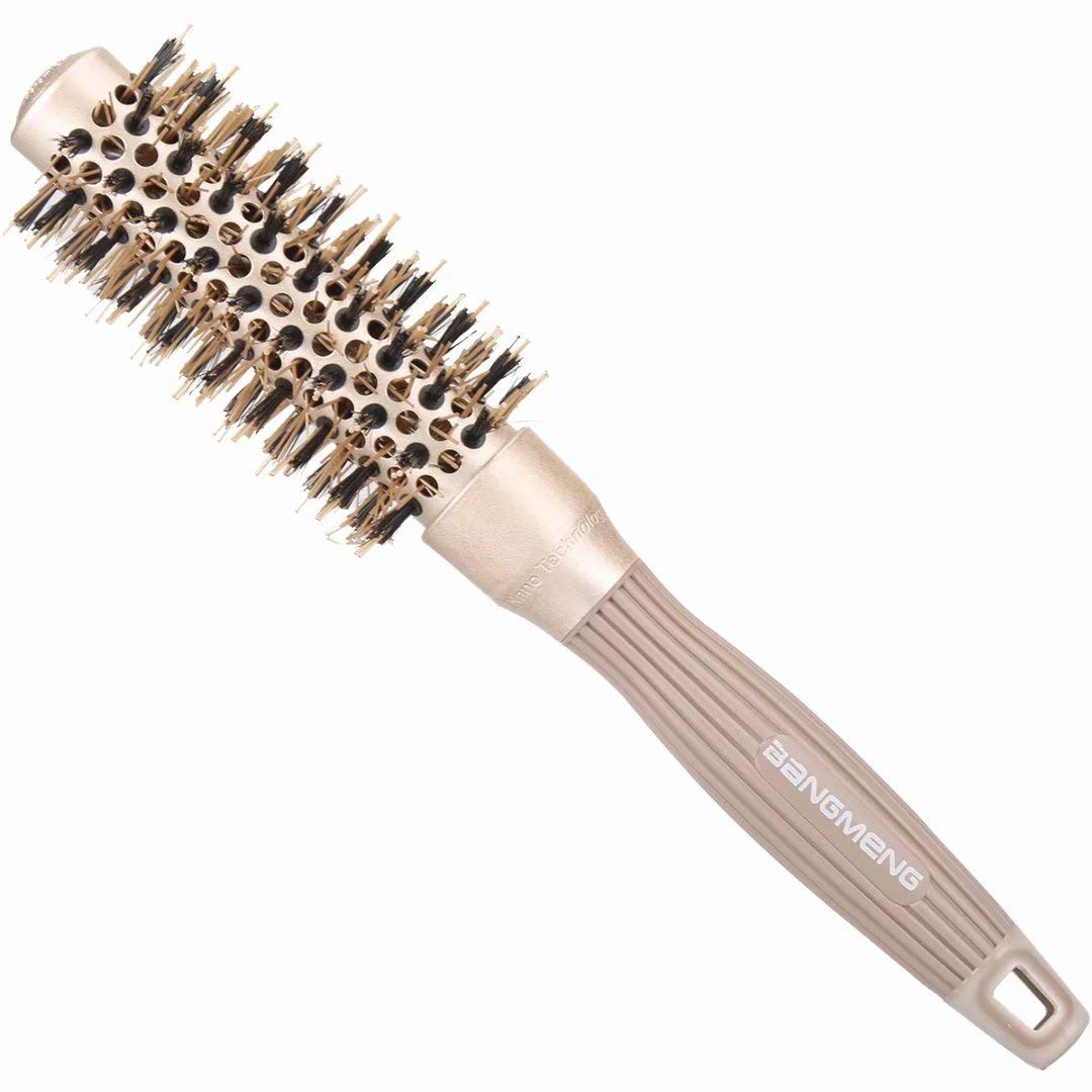 BANGMENG Round Barrel Anti-Static Hair Brush with Boar Bristles, Nano Thermal Ceramic Ionic Tech | For Extra Shine | Protect Hair, Enhance Texture, For Curling, Styling & Drying (1 inch)