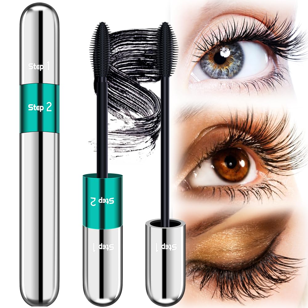 4D Silk Fiber Mascara - 2 in 1 Mascara Black Length 5X Longer, Natural and False Effect Look in One Long Lasting Mas Cara Makeup for Women