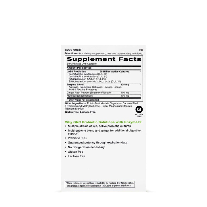 GNC Probiotic Solutions with Enzymes, Provides Digestive and Immune Support, 25 Billion CFUs, 60 Vegetarian Capsules, 60 Servings