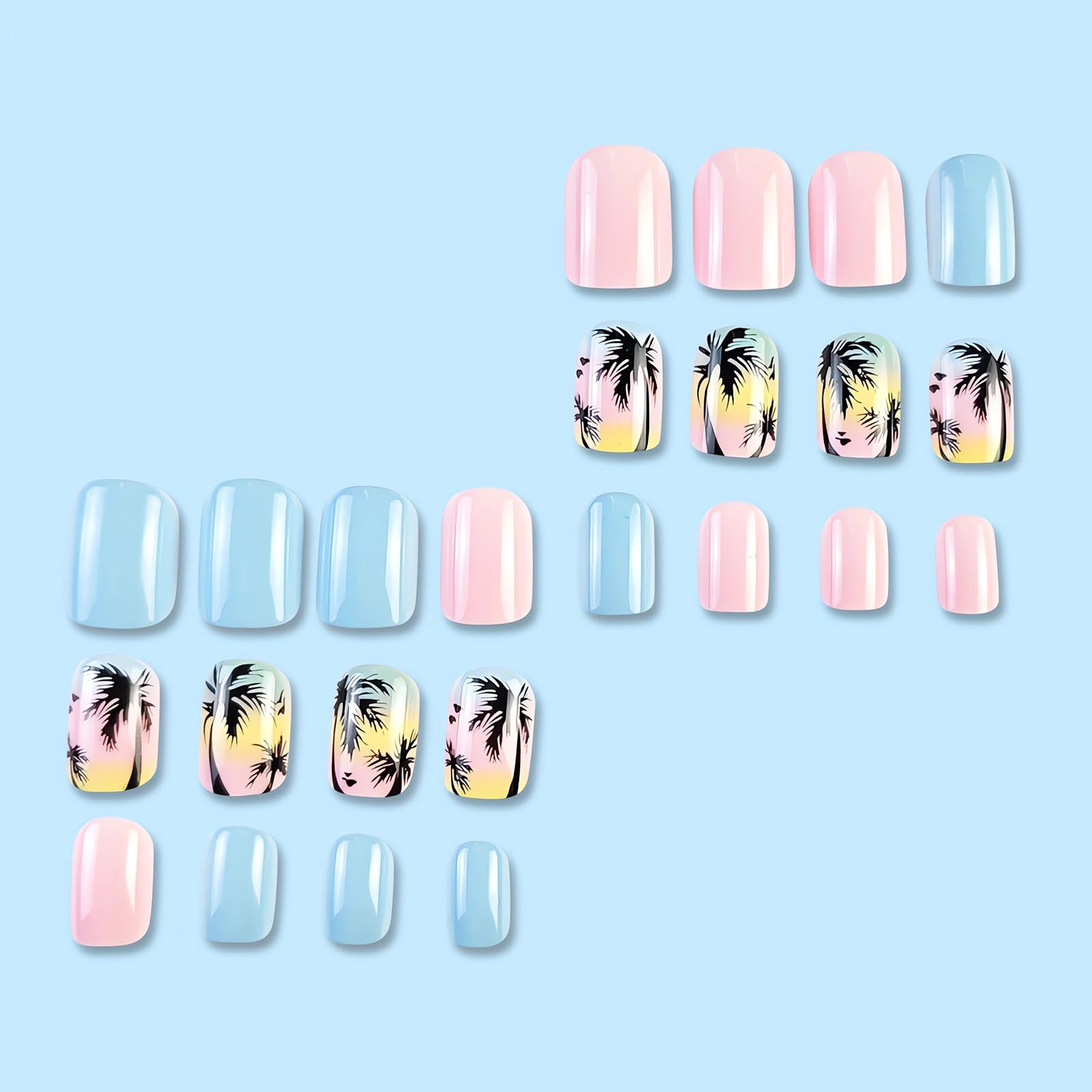 Short Press on Nails Square Fake Nails Summer Palm Tree Acrylic Nails Press ons Glossy Blue Pink Glue on Nails with Twilight Beach Designs Short False Nails Summer Artificial Nails for Women Girls