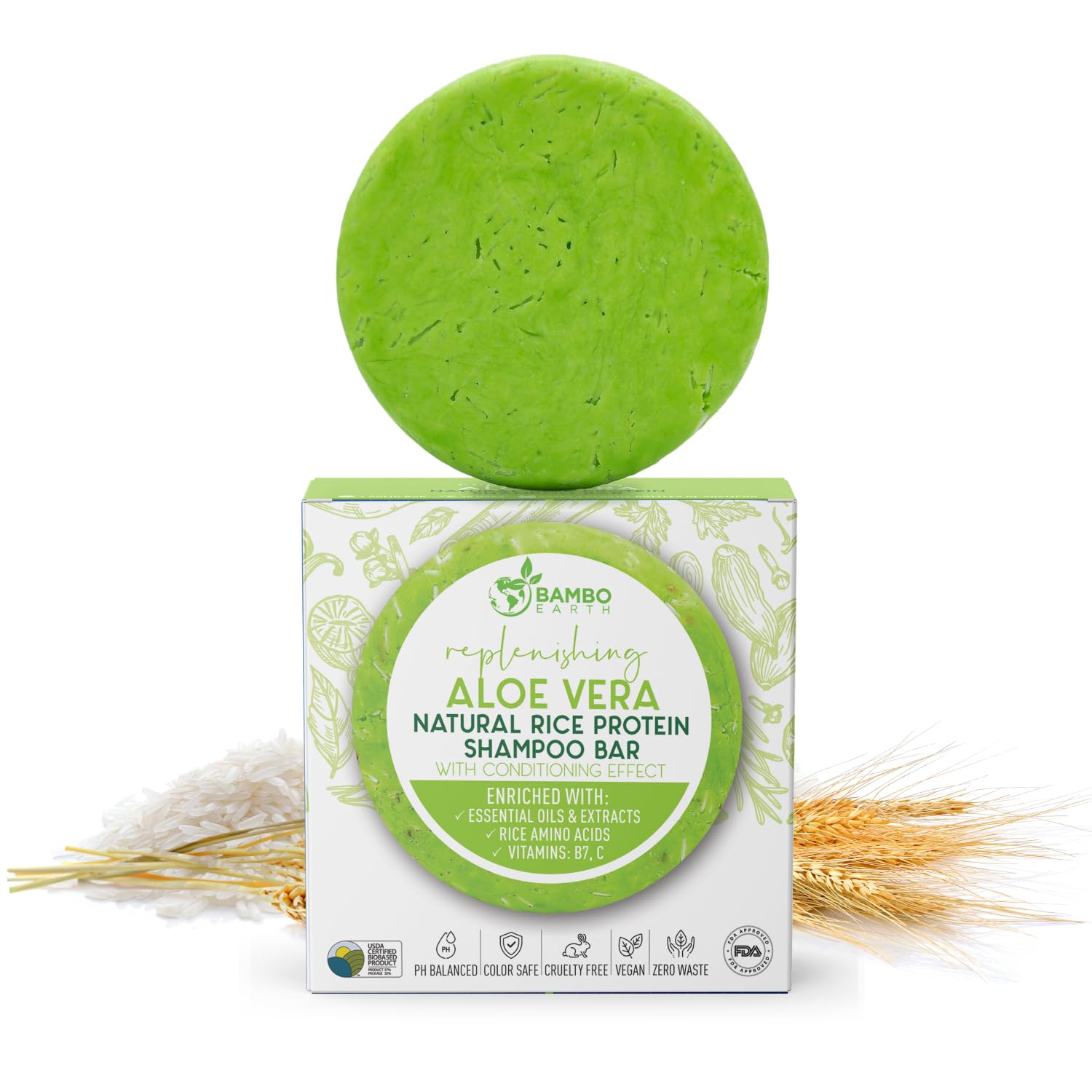 BAMBOEARTH Solid Rice Protein Water Shampoo Bar With Conditioner Effect Hair Soap – Shampoo Bars For Hair With All Natural Plant Based Essential Oils And Zero Waste Packaging (Aloe Vera)