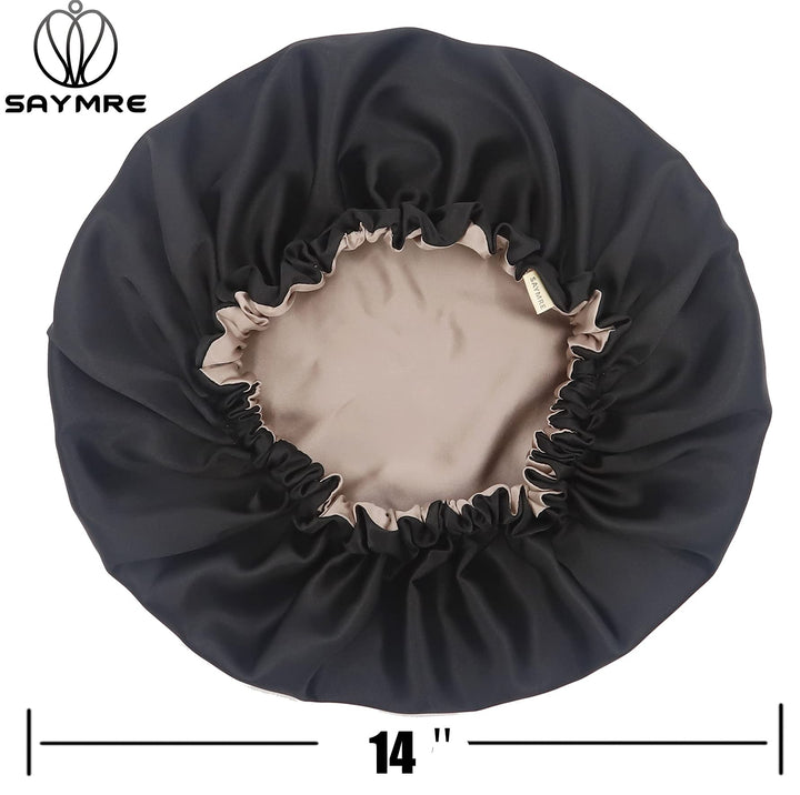 SAYMRE 100% Mulberry Silk Lined Bonnet Adjustable Satin Sleep Cap 19 Momme Silk Bonnet for Women Curly,Long Hair Care Black