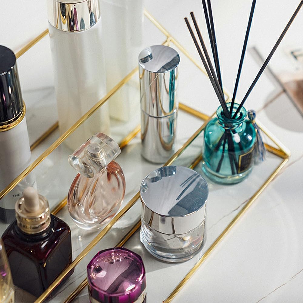 FSyueyun Gold Makeup Organizer Case Vanity, 3 Layers Glass Makeup Storage Cosmetics Organizer Earring Ring Holder Display Case