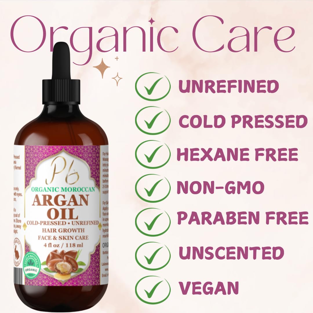 Pomberries Organic Moroccan Argan Oil – 100% Pure Cold-Pressed Virgin Oil for Hair, Skin, Face, Scalp & Body – Natural Moisturizer, Argan Hair Treatment, Glass Bottle – 4 fl oz