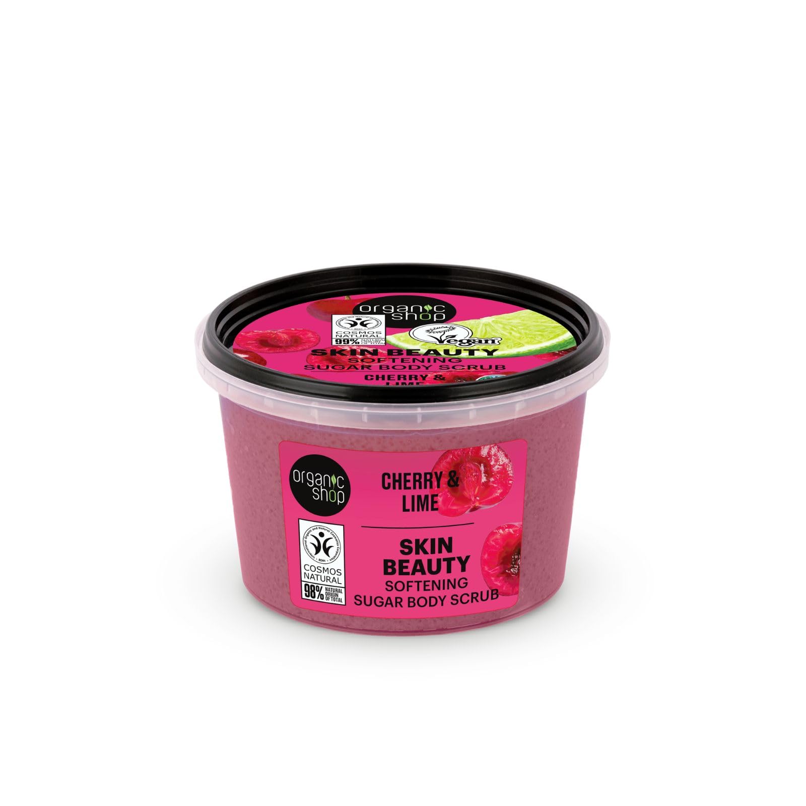 Organic Shop Cherry & Lime, Sugar Softening & Exfoliating Body Scrub, 100% Vegan & Organic, Daily Exfoliant, Detox & Moisturizer, Body, Face, Hand & Foot, Intensive Care & Skin Toning. 250ml.