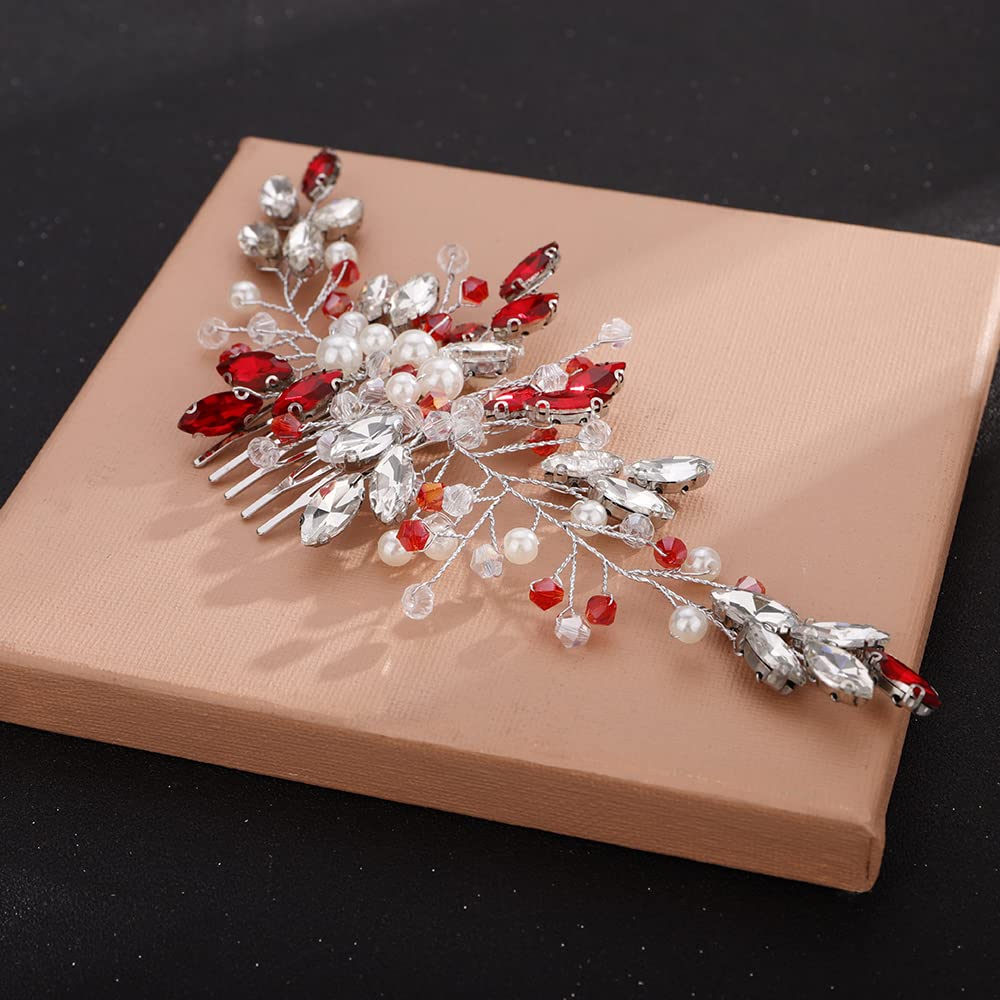 Aimimier Bridal Red Crystal Hair Comb Ruby Hair Vine with Comb Pearl Hair Piece Prom Party Festival Wedding Hair Accessories for Women and Girls