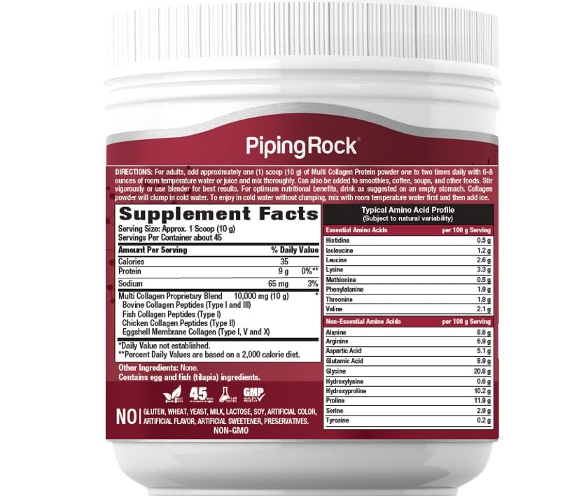 Piping Rock Multi Collagen Protein Powder | 16 oz Unflavored | 10,000mg Peptides Complex | Type i, ii, iii, v, x | Gluten Free, Non-GMO Supplement