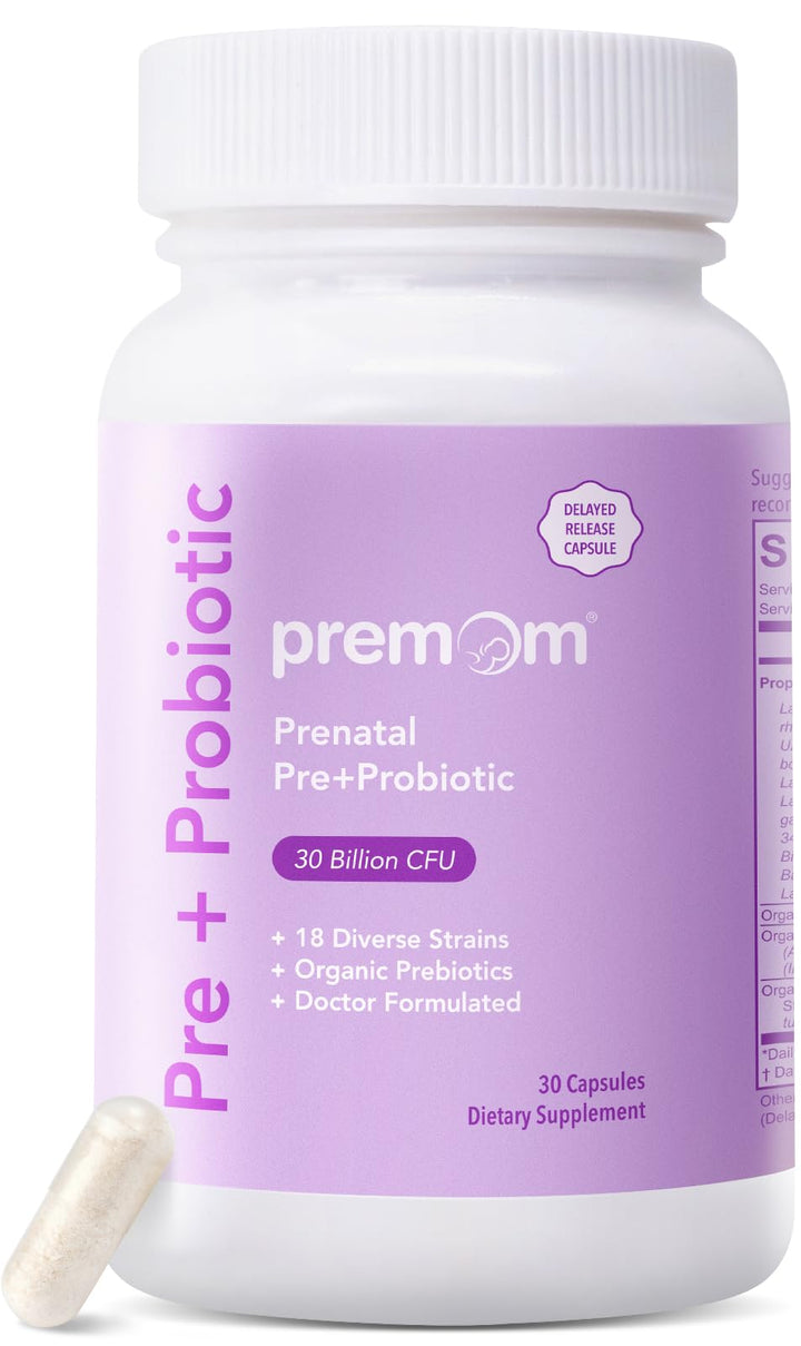 Premom Prenatal Pre & Probiotics for Women: Organic Prebiotics, 30 Billion CFU, 18 Diverse Strains - Supports Digestive, Gut & Immune Health for Mom and Baby - Daily Capsules
