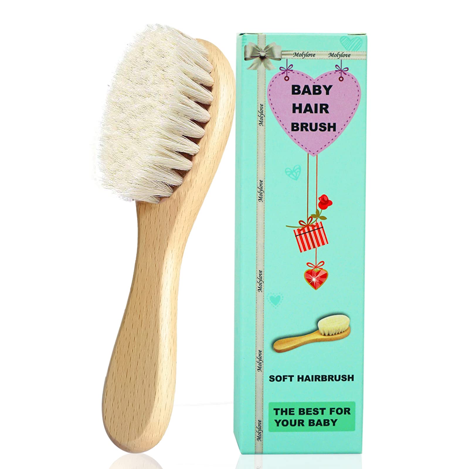 Molylove Baby Hair Brush, Wooden Goat Bristles Hair Brush for Newborns & Toddlers, Ideal for Cradle Cap, Perfect Baby Registry Gift, Hypoallergenic, 1 Count