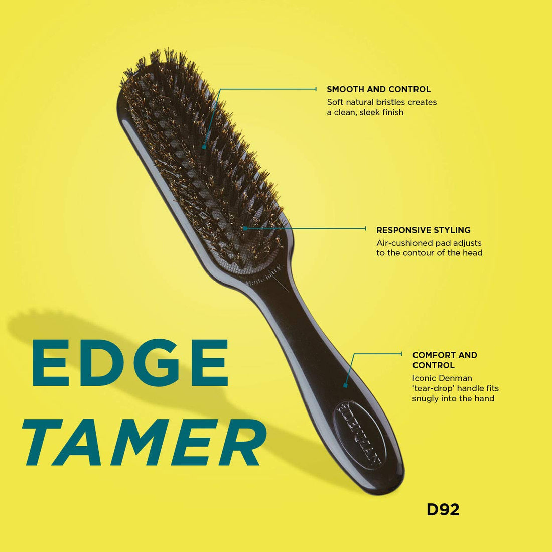 Denman D 92 Edge Tamer Soft Natural Bore Bristles Flat Hair Brush with Handle for Men and Women, Black Color