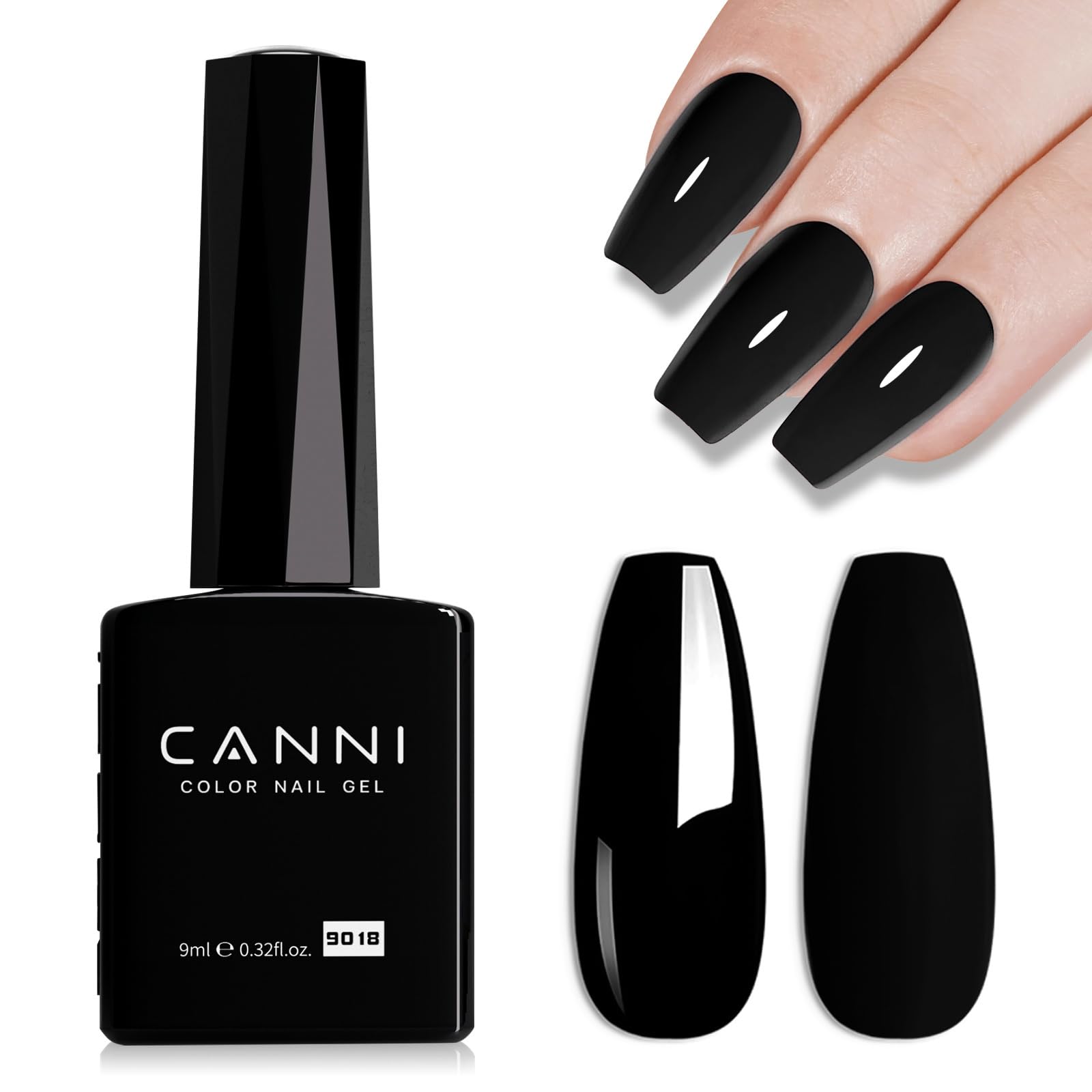 Canni Black Gel Nail Polish - Dark Black Color, High Gloss Finish, Soak Off UV Gel, DIY Salon Manicure
