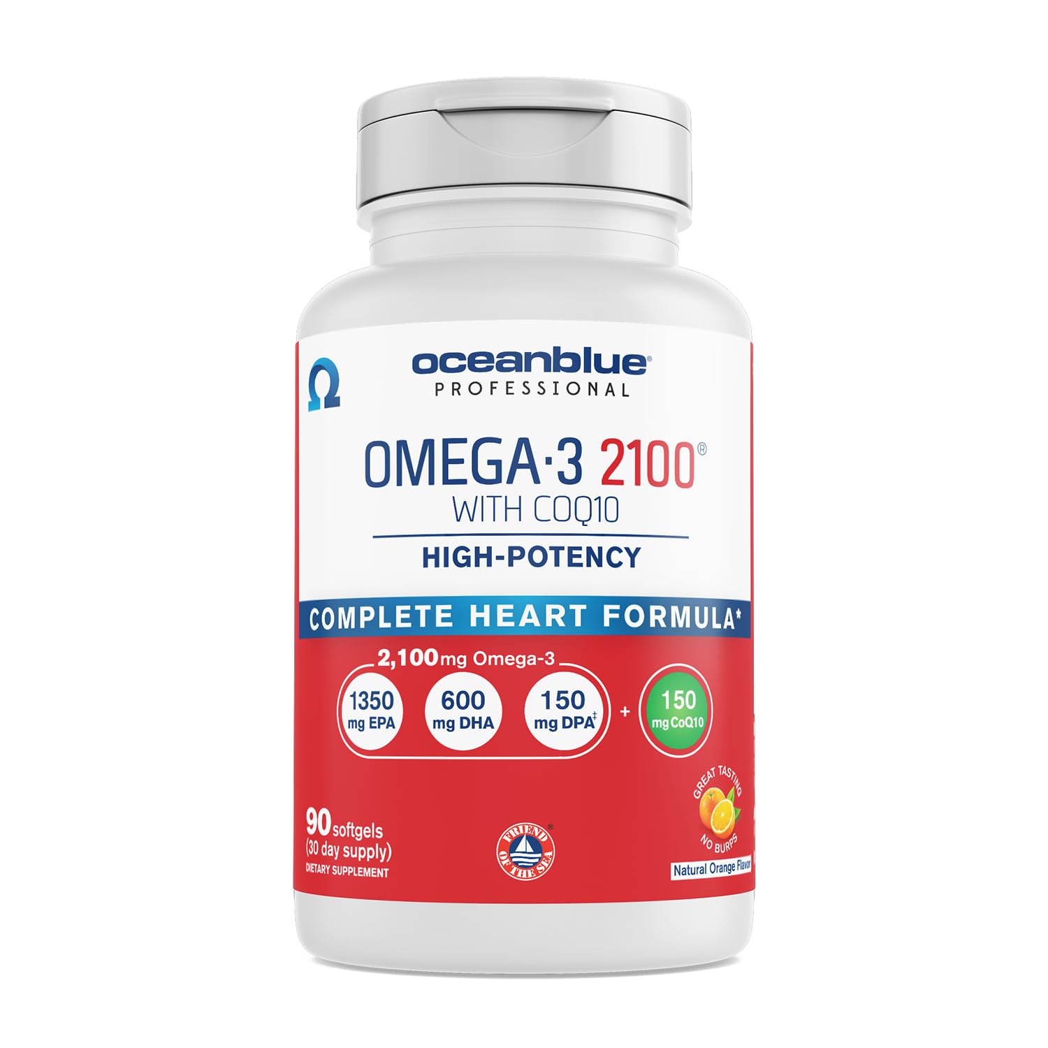 Oceanblue Professional Omega-3 2100 with CoQ10 – 90 ct – Triple Strength Fish Oil Supplement with High-Potency EPA and DHA, and CoQ10 – Orange Flavor (30 Servings)