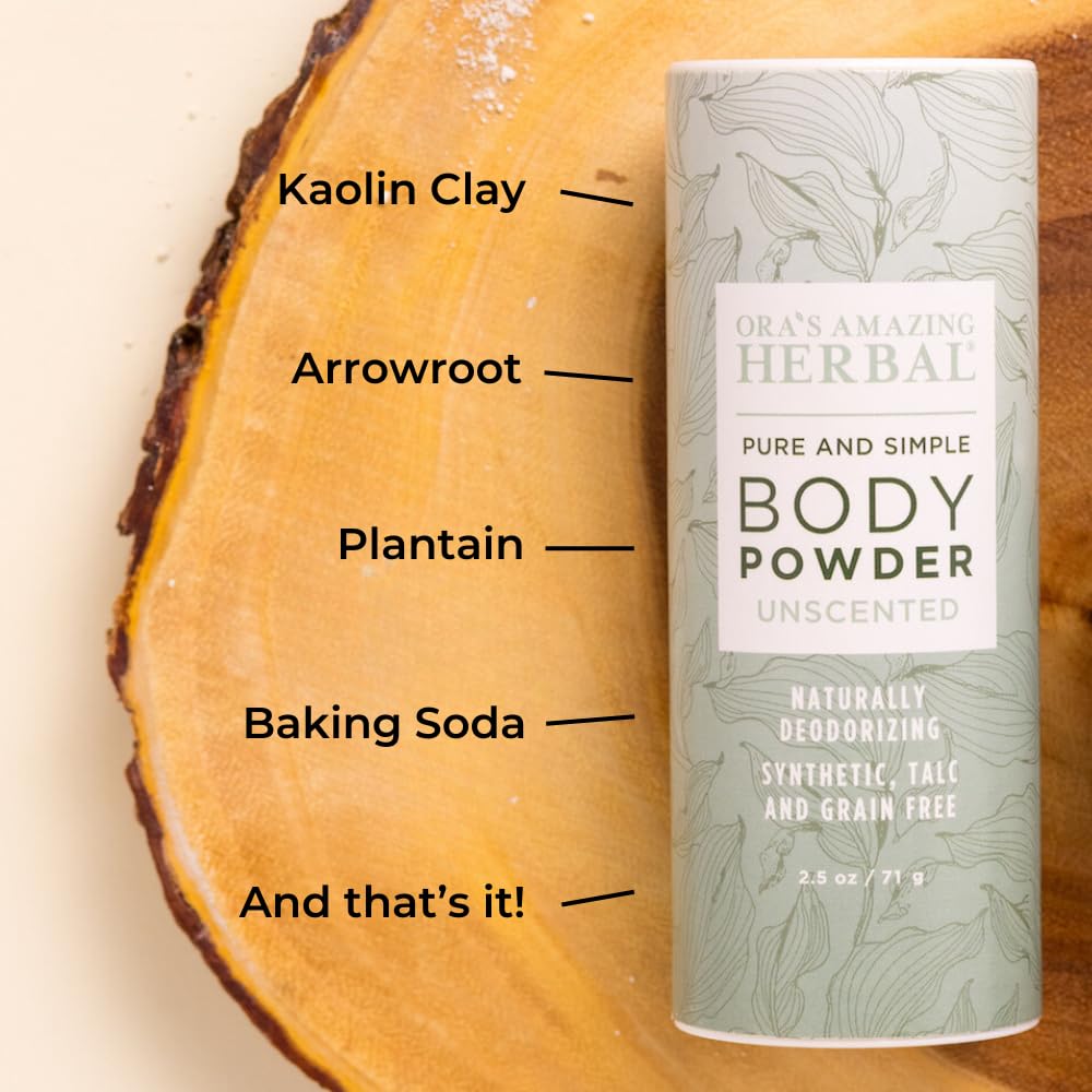 Fragrance Free Body Powder for Women and Men, Unscented Talc Free Talcum Powder, Cornstarch Free Dusting, Waxing, Natural Sugaring, Foot Powder, Dry Shampoo, Made in USA, Ora’s Amazing Herbal, 2.5 oz