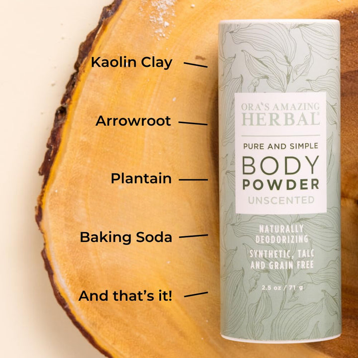 Fragrance Free Body Powder for Women and Men, Unscented Talc Free Talcum Powder, Cornstarch Free Dusting, Waxing, Natural Sugaring, Foot Powder, Dry Shampoo, Made in USA, Ora’s Amazing Herbal, 2.5 oz