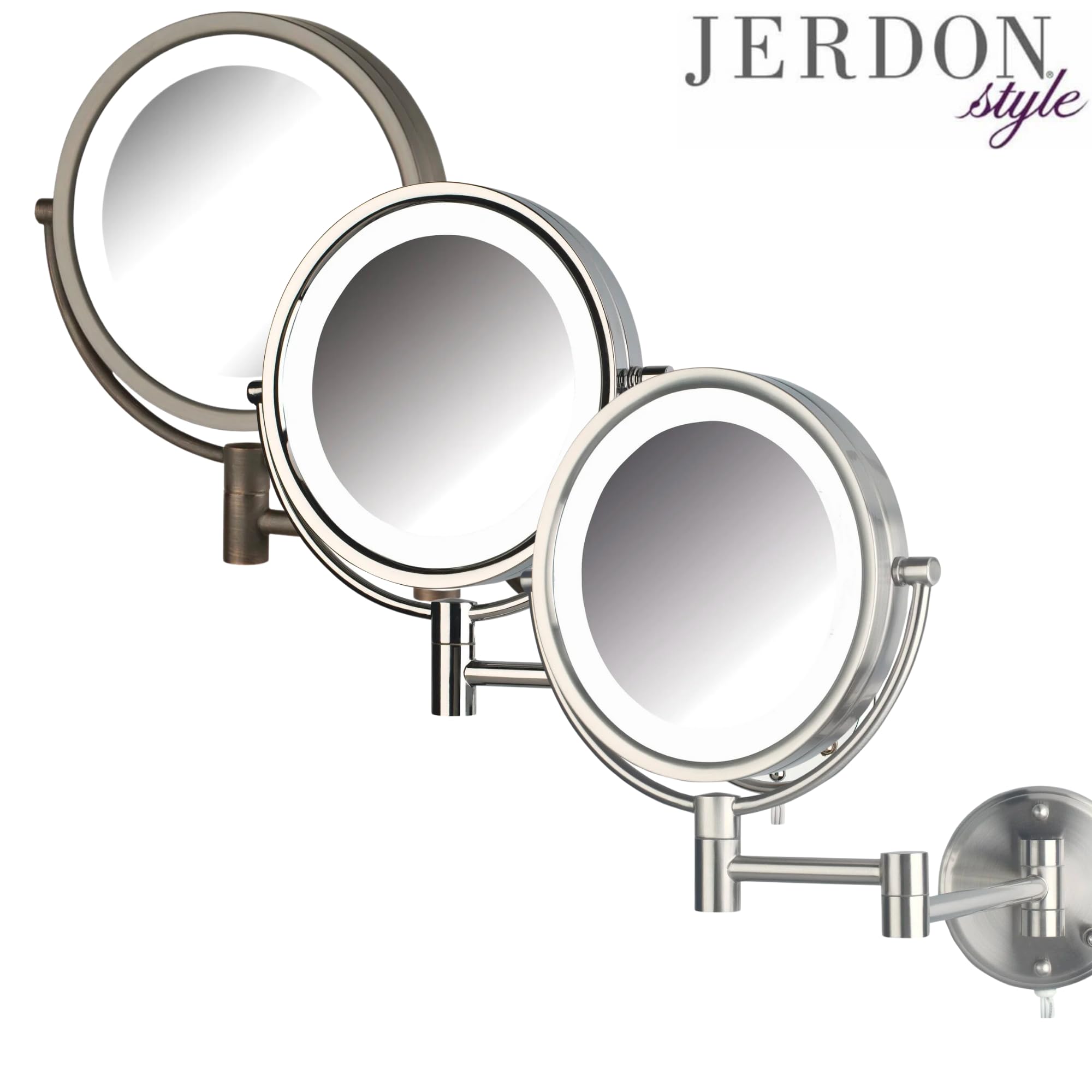 Jerdon Two-Sided Wall-Mounted Makeup Mirror with Lights - Lighted Makeup Mirror with 8X Magnification & Wall-Mount Arm - 8.5-inch Diameter Mirror with Chrome Finish Wall Mount - Model HL88CL