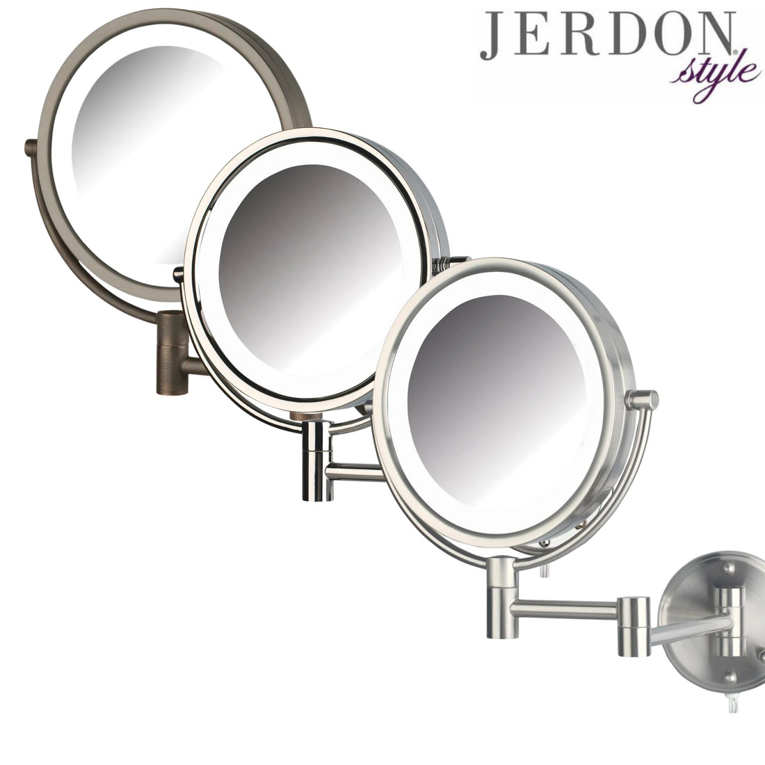 Jerdon Two-Sided Wall-Mounted Makeup Mirror with Lights - Lighted Makeup Mirror with 8X Magnification & Wall-Mount Arm - 8.5-inch Diameter Mirror with Chrome Finish Wall Mount - Model HL88CL
