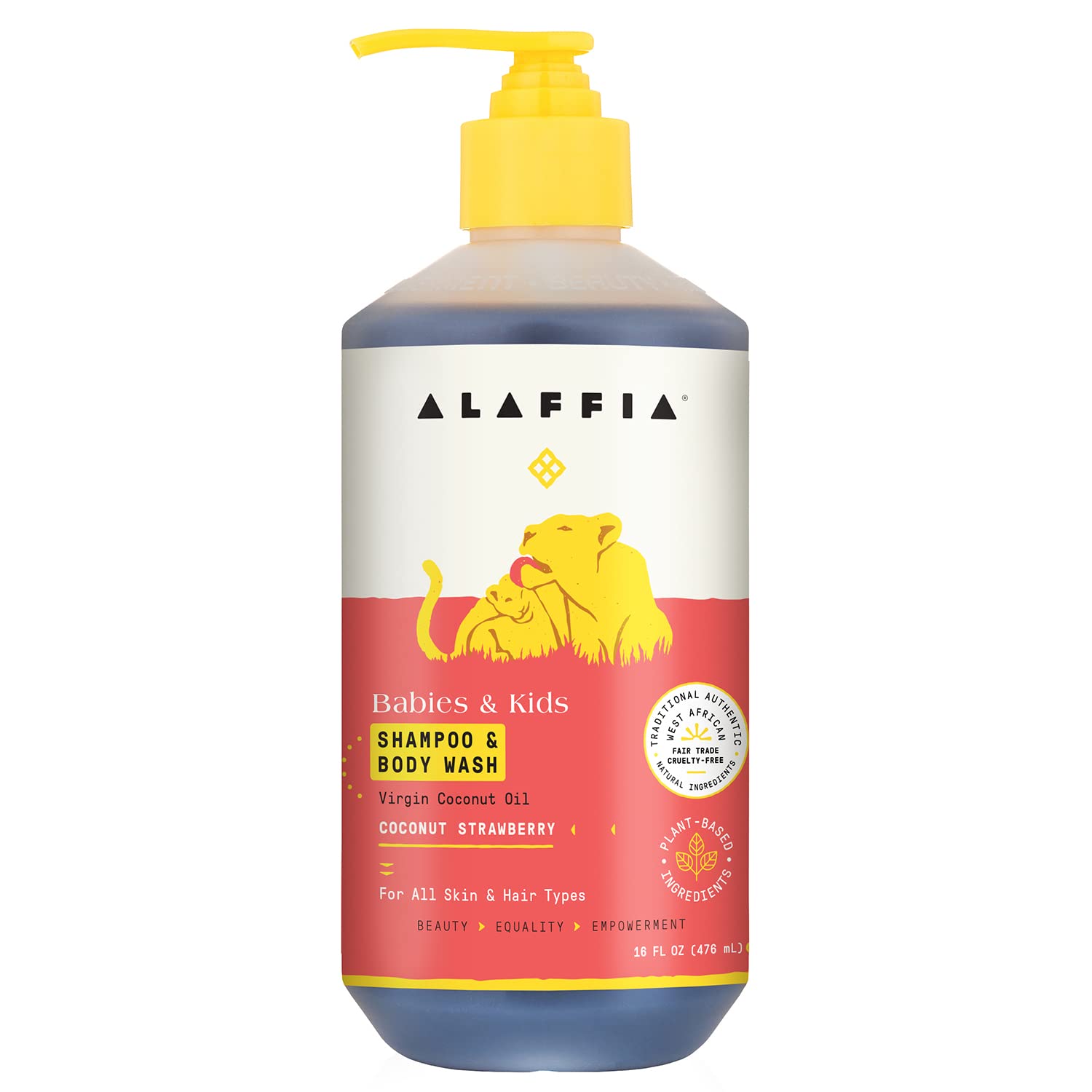 Alaffia - Everyday Coconut Shampoo and Body Wash, Babies and Kids, Gentle and Non-Irritating Support for Soft Hair and Skin with Hibiscus and Strawberry, Fair Trade, Strawberry, 16 Ounces
