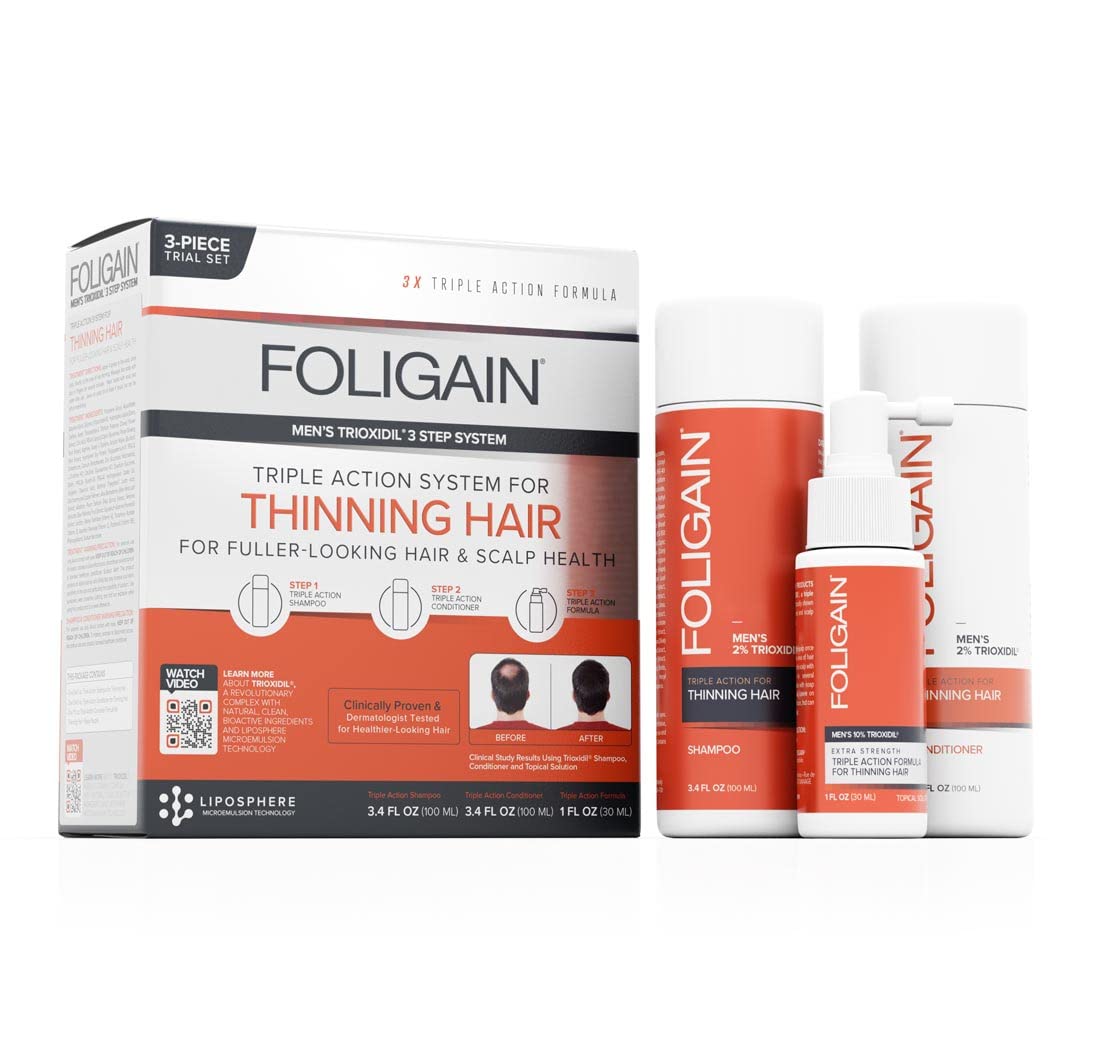 Foligain Triple Action Hair Care System For Men, Revitalizing Hair Products, 3-Piece Travel Set,13260