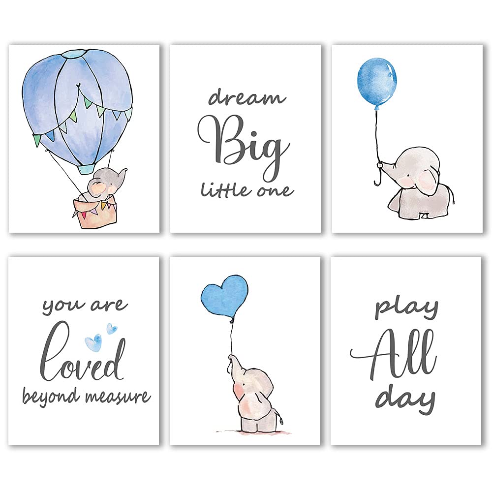 IIILUYOT Inspirational Elephant Decor, Baby Boy Nursery Wall Art Prints, Cute Elephant Nursery Wall, Dream Big Little One Decorations for Kids Nursery Boys Girls Room Set of 6 (8”X10”) Unframed