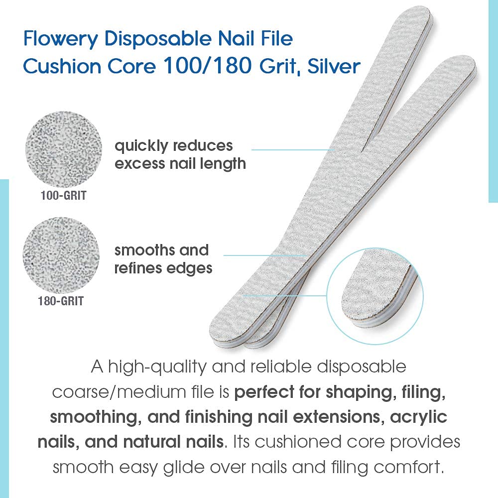 Flowery Disposable Nail File Cushion Core 100/180 Grit, Silver, Pack of 100