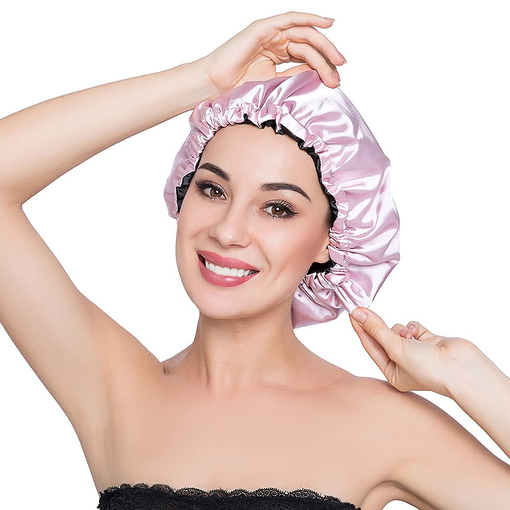 ELIHAIR Stain Bonnet Silk Sleep Cap Adjustable Satin Cap for Night Sleeping Hair Bonnet Reversible Double Layer Light Purple/Black