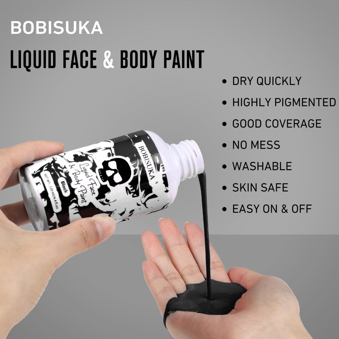 BOBISUKA Black Face Body Paint Liquid Texture Washable Non Toxic Facepaint Fast Drying Foundation Makeup for Halloween Clown Skeleton Skull Cosplay SFX Costume Party Large Capacity(130ml)