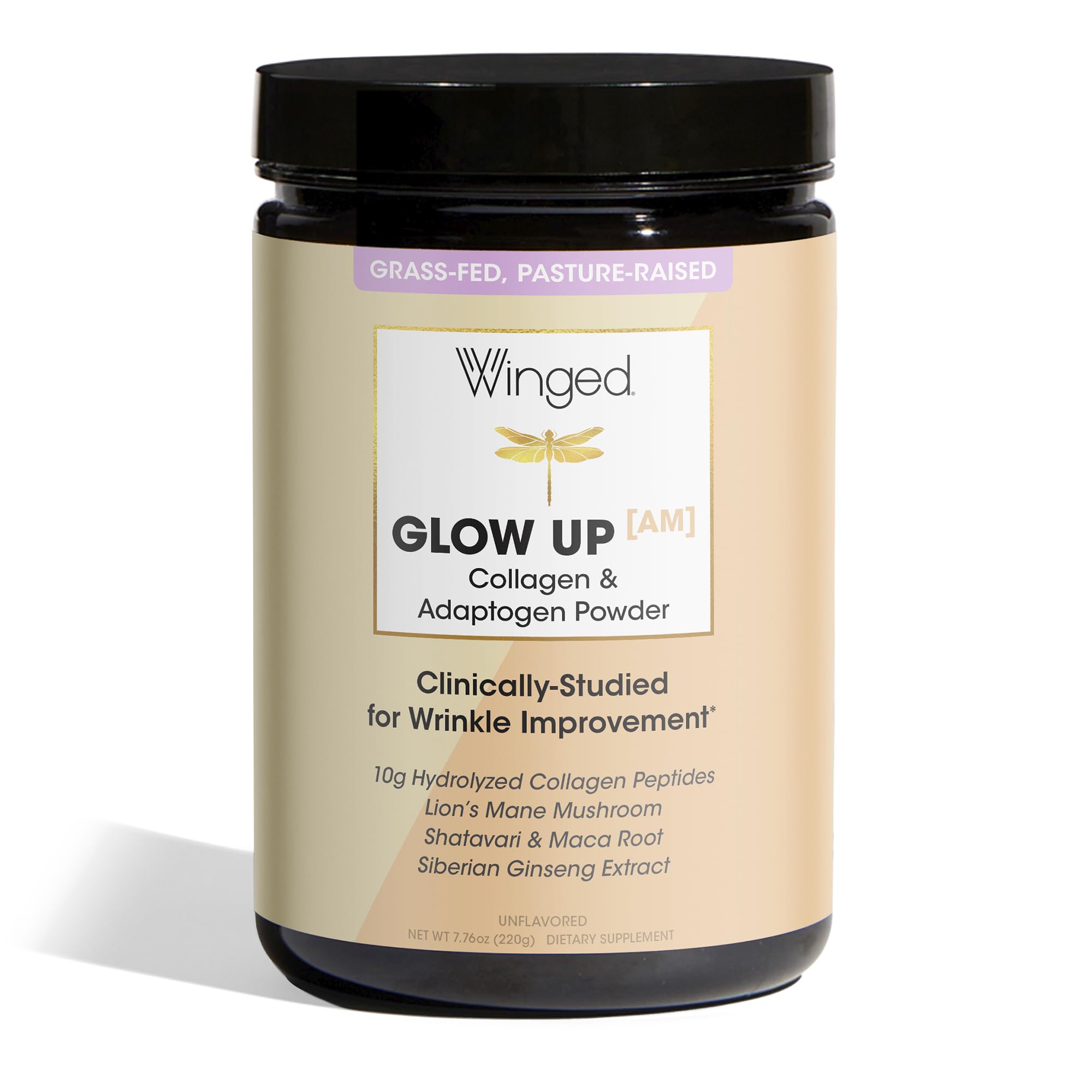 Winged Wellness Glow Up AM Collagen Peptide Powder | Morning Skin and Adaptogens for Glowing Skin and Energy. Grass Fed Collagen w/Lion’s Mane, Maca and Vitamin B12 I Unflavored, 21 Servings