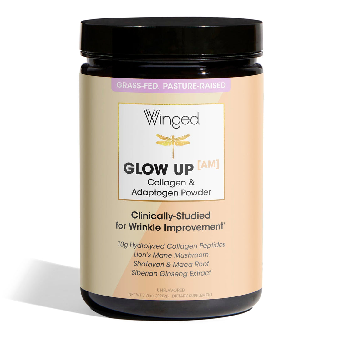 Winged Wellness Glow Up AM Collagen Peptide Powder | Morning Skin and Adaptogens for Glowing Skin and Energy. Grass Fed Collagen w/Lion’s Mane, Maca and Vitamin B12 I Unflavored, 21 Servings