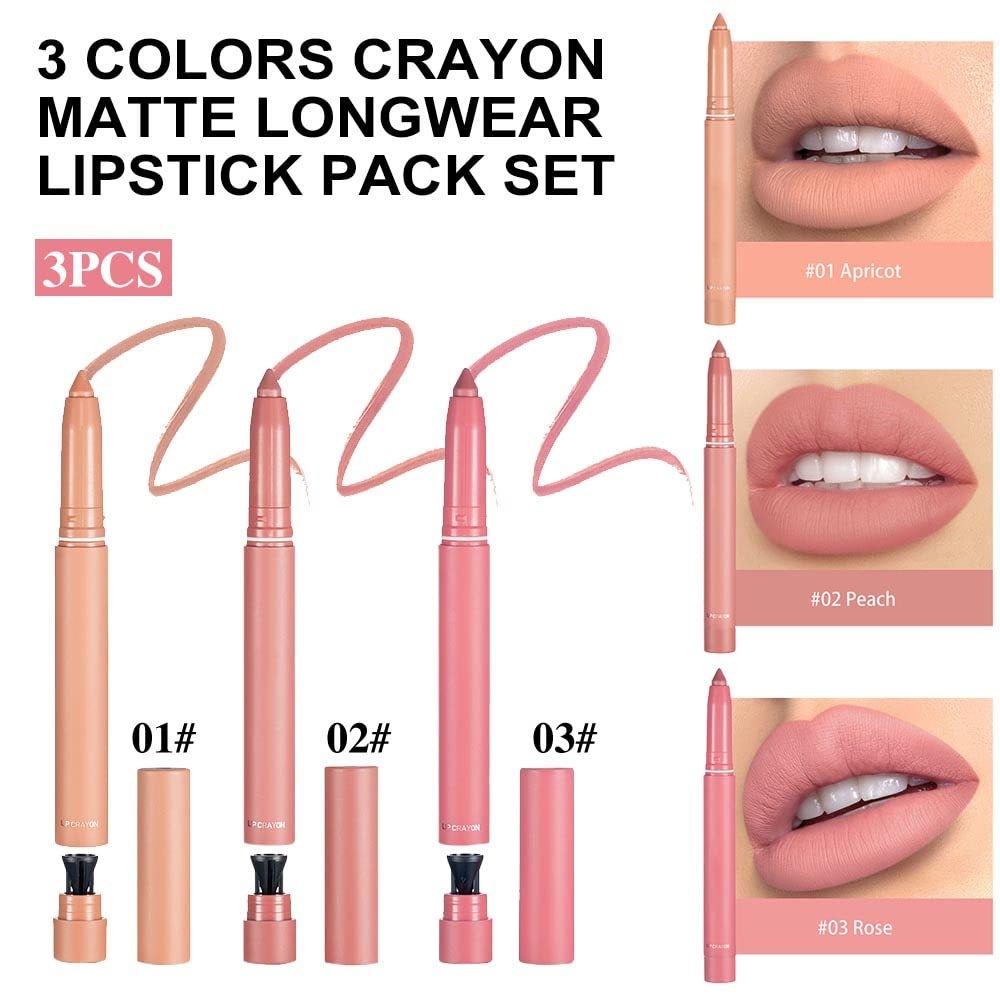 SUAKE Matt Nude Lipstick Lipliner Pack Set, 3 Colors Waterproof Crayon, Longwear Moisture Smooth Matte Lipstick Pencils with Built-in Sharpener, Lip Makeup
