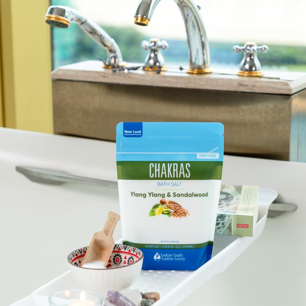 Chakras Bath Salt 32 Ounces Epsom Salt with Natural Ylang Ylang, Sandalwood, Eucalyptus, Frankincense, Chamomile and Cinnamon Essential Oils Plus Vitamin C in BPA Free Pouch with Easy Press-Lock Seal