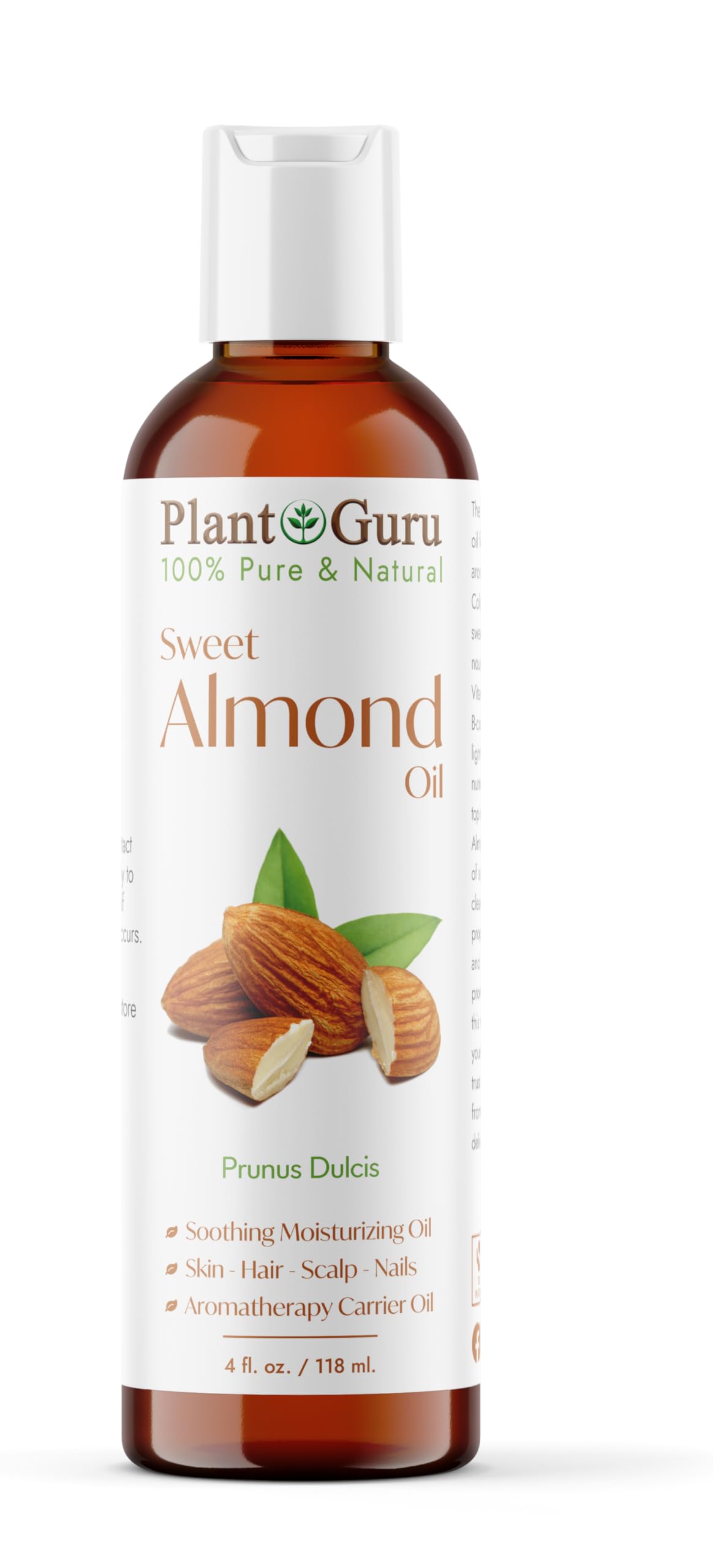 Sweet Almond Oil 4 fl. oz. Cold Pressed Carrier 100% Pure Natural For Skin, Body, Face, and Hair Growth Moisturizer. Great For Creams, Lotions, Lip balm and Soap Making