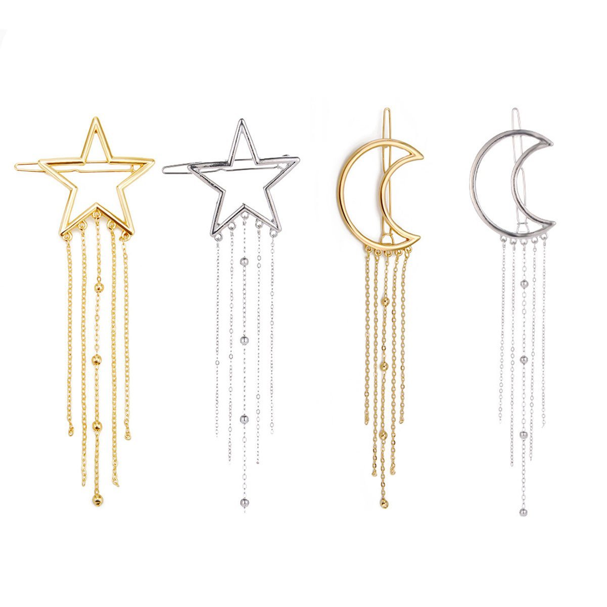 Numblartd 4 Pcs Fashion Metal Alloy Geometric Stars Moon Tassel Hair Clip Pins - Women Hollow Side Clip Hairpin Barrettes Bobby Pins Headdress Hair Accessories