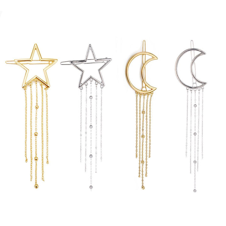 Numblartd 4 Pcs Fashion Metal Alloy Geometric Stars Moon Tassel Hair Clip Pins - Women Hollow Side Clip Hairpin Barrettes Bobby Pins Headdress Hair Accessories