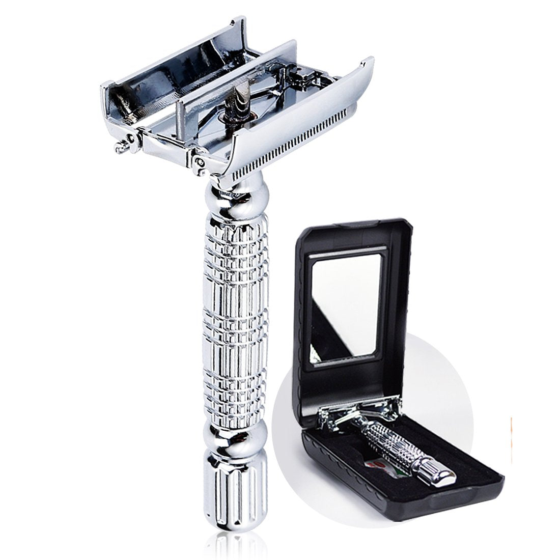 BAILI Luxury Classic Men's Double Edge DE Safety Razor Shaver Twist Butterfly Open Head with 1 Blade 1 Mirror Case Silver