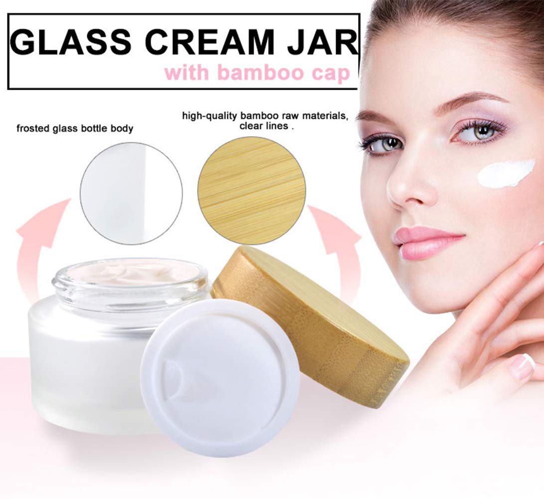 2 Pack 50ml/1.7oz Frosted Glass Cosmetic Cream Jar Bottle Refillable Glass Face Cream Pot Cosmetics Container With Bamboo lids and Inner Liners For Travel DIY Sample Eyeshadow Essential Oils